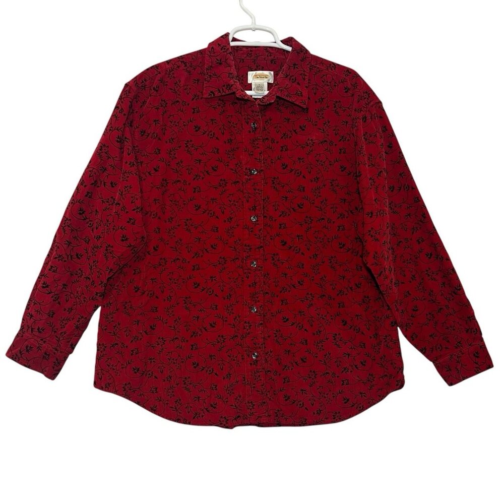 Talbots Shirt Corduroy Cotton Red Black Floral Buttons Size L Women Long Sleeves - Picture 1 of 8